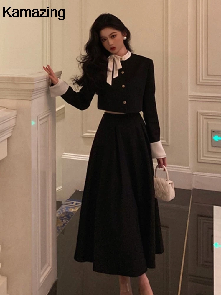 

Women Elegant Korean 2 Piece Set Autumn Trend Lace Up Single Breasted Blazer Hight Waist Skirt Suit Office Lady Black Outfits