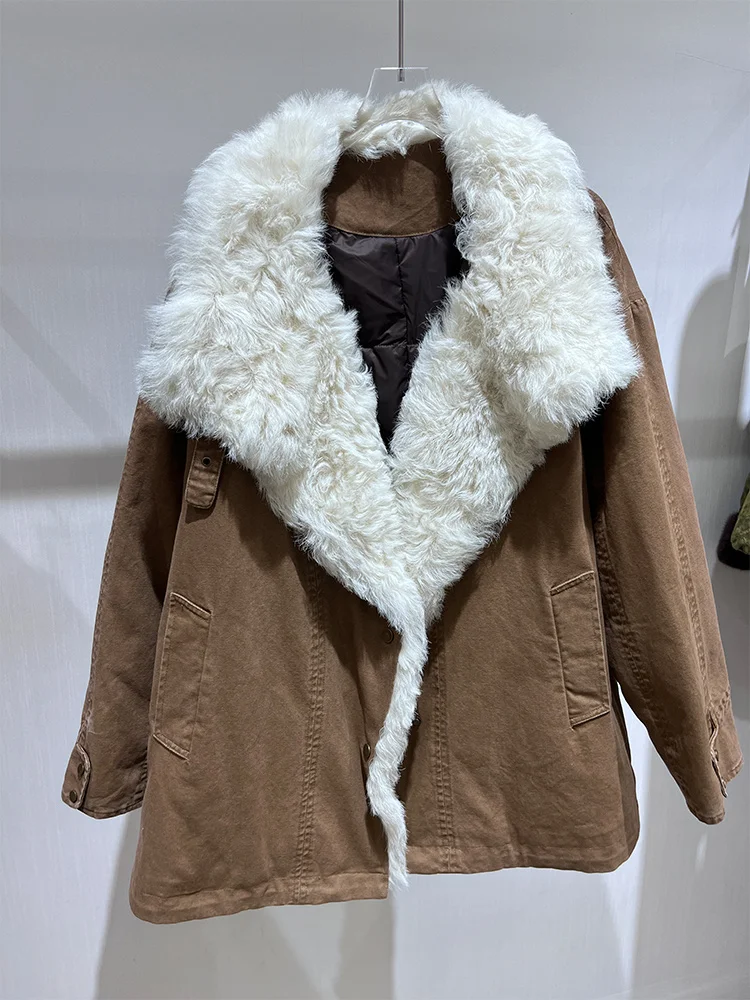 Winter Real Natural Fox Sheep Lamb Fur Collar Thick Warm Goose Down Coats Coat For Women Female Luxury Outwear Puffer Jacket