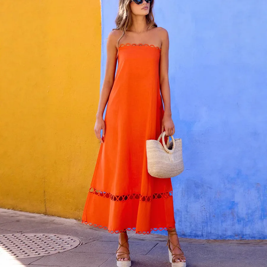 

Sexy Off Shoulder Sleeveless Party Dress Summer Fashion Solid Color Hollow Vacation Dress Women High Waist Summer A-line Dresses