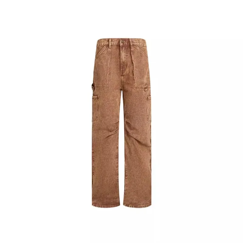 Retro Luźne Ogrodniczki z Wieloma Kieszeniami, Niski Stan, Proste Jeansy, Wytrzymałe i Oddychające, dla Modnych Ulicznych, Bawełniane Spodnie