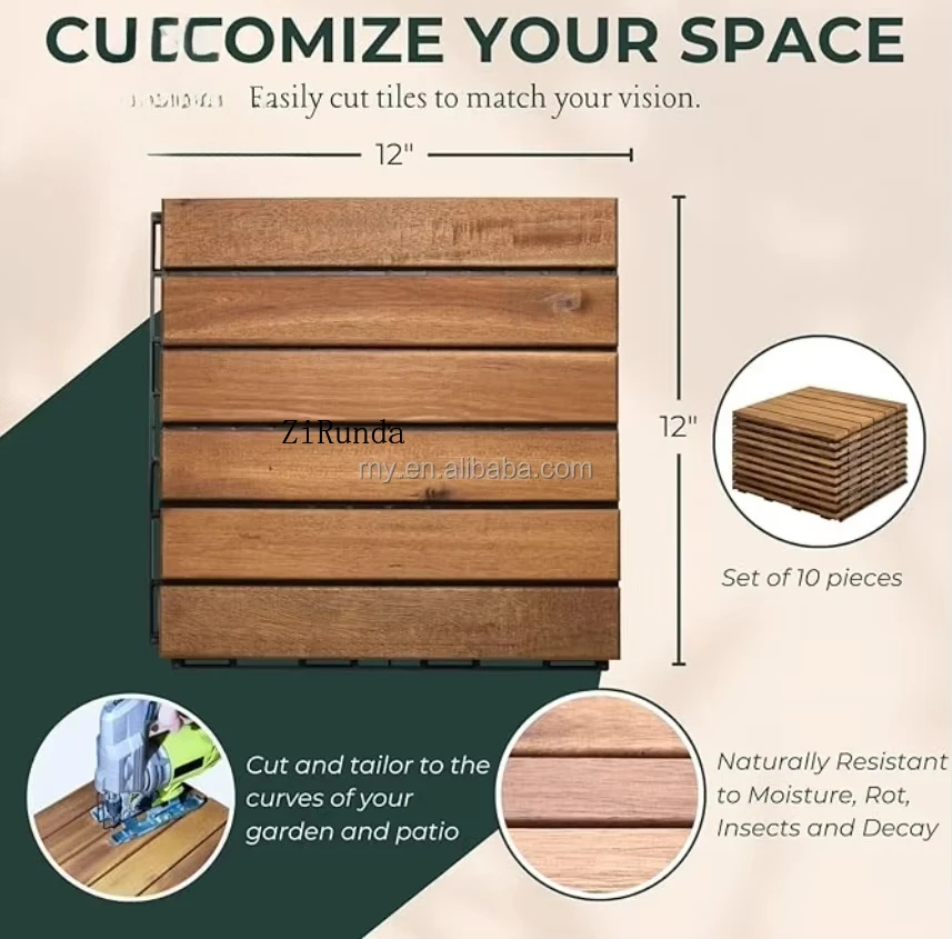 Versión personalizada 300x300 mm Azulejos de piso exterior de madera maciza Azulejos de patio al aire libre