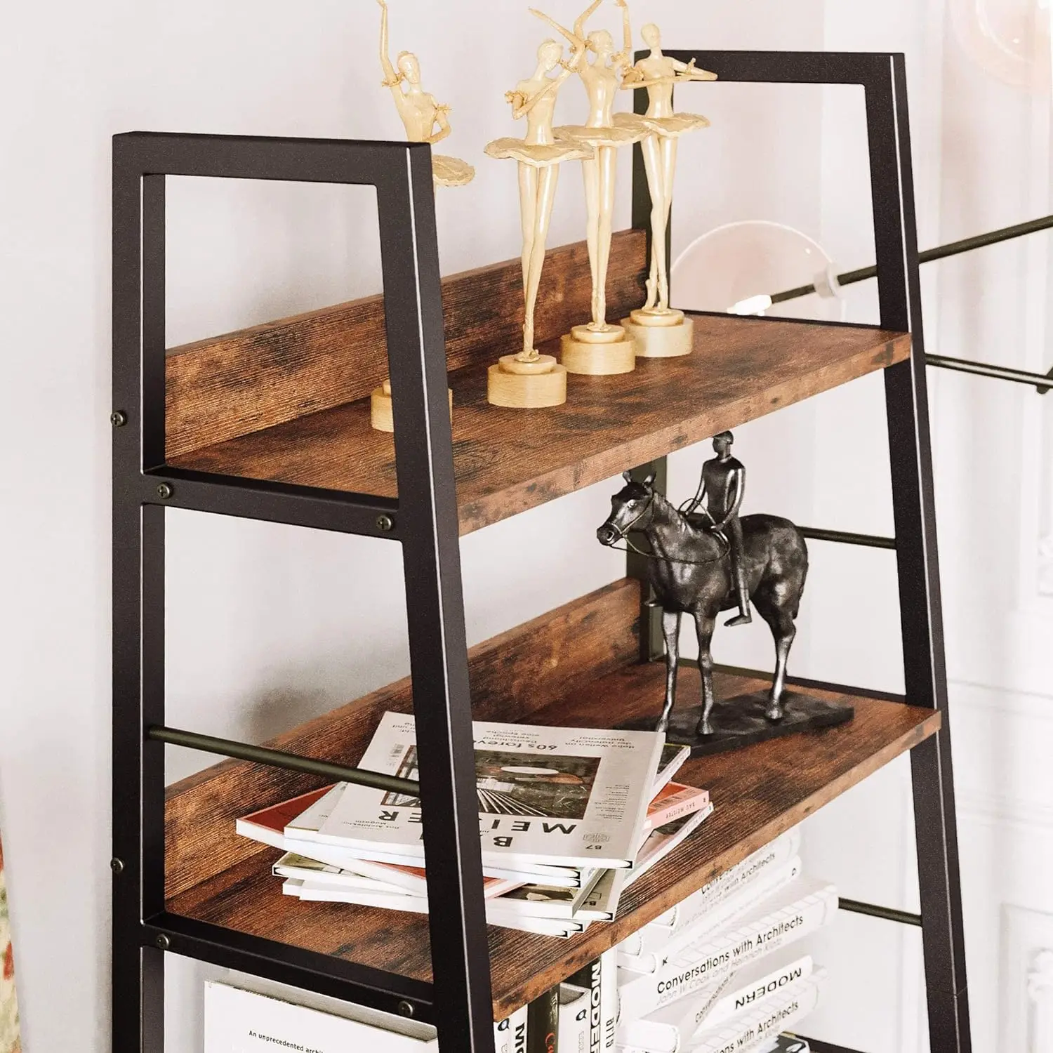 Industriële Boekenplanken En Boekenkasten, Ladderplank 5 Tier Met Metalen Frame Voor Woonkamer, Thuiskantoor, Rustics Bruin