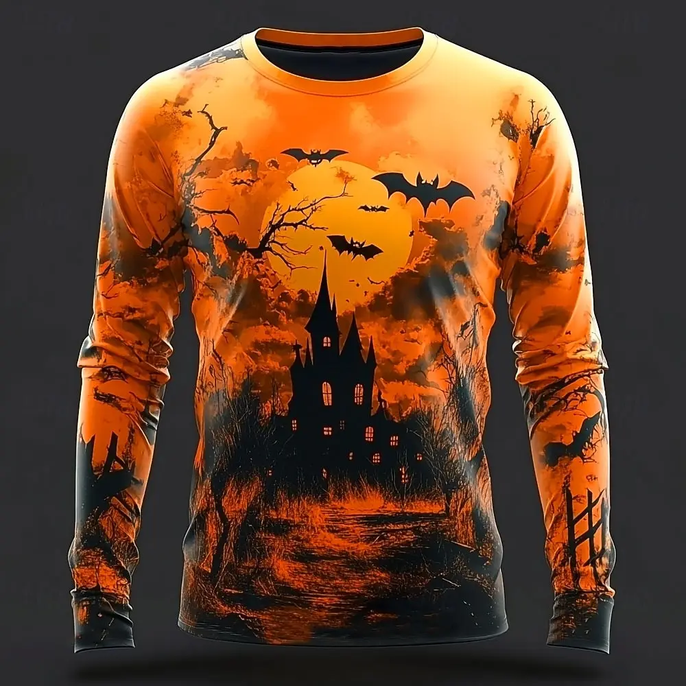 Men Halloween Haunted Castle Bat Moon Forest 3D Print Long Sleeve T Shirt