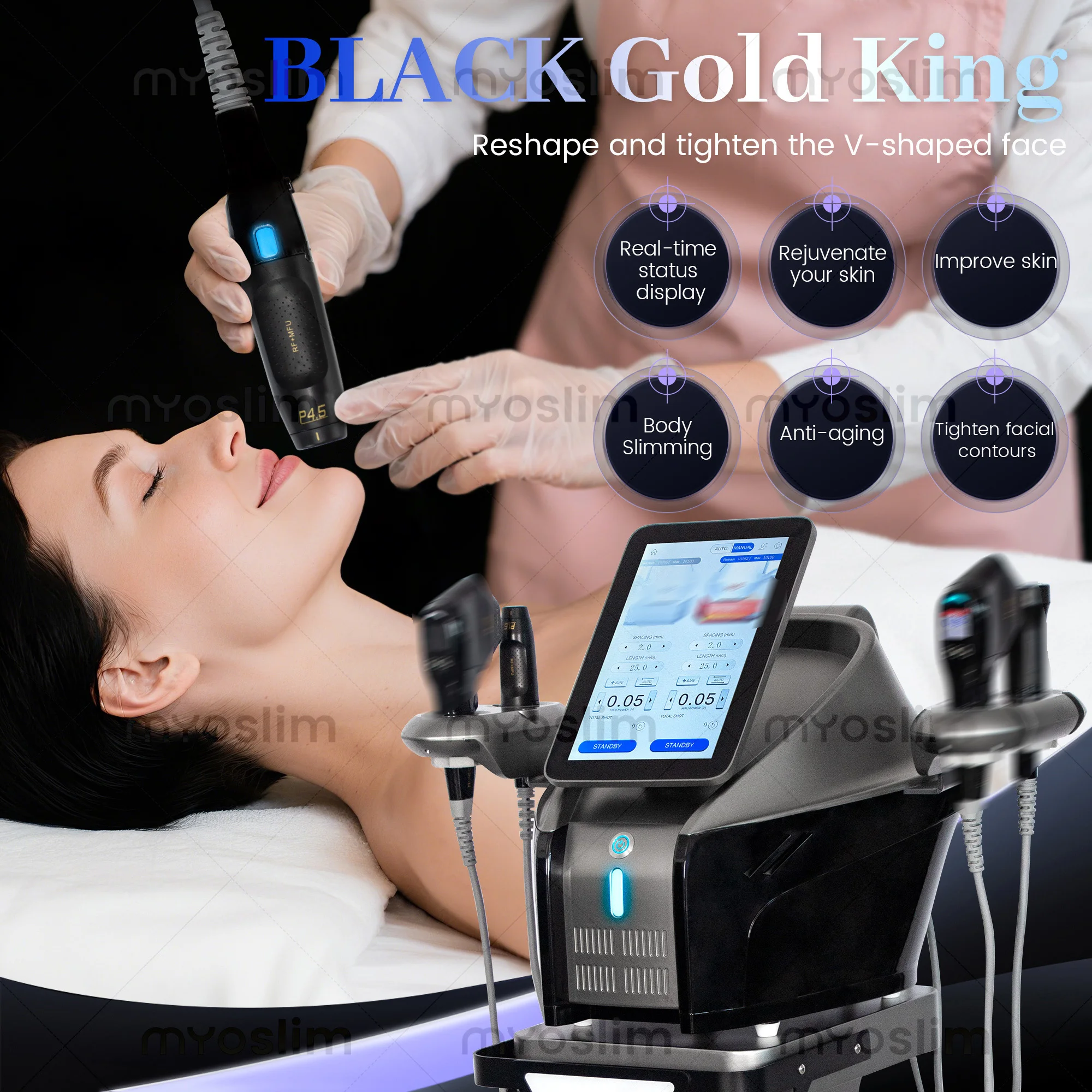 

Black Gold 4 in 1 Ultrasounc RF Beauty Device for Facial Laxity Lines Removal Skin Rejuvenation Fat Melting Equipment