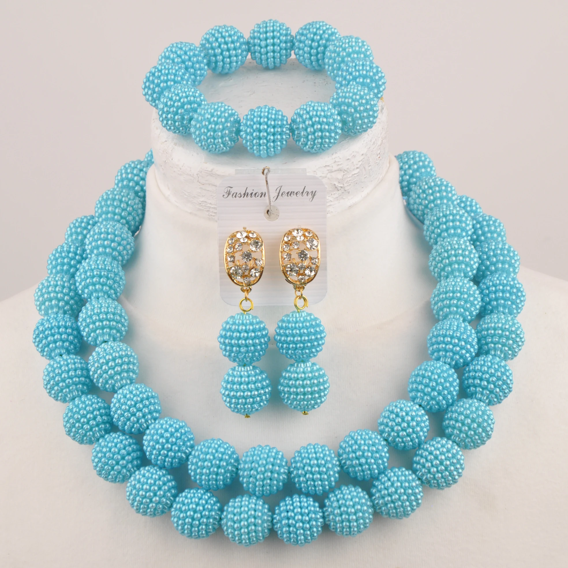 

Nigerian necklace imitation pearl jewelry wedding traditional Lake Blue jewelry set