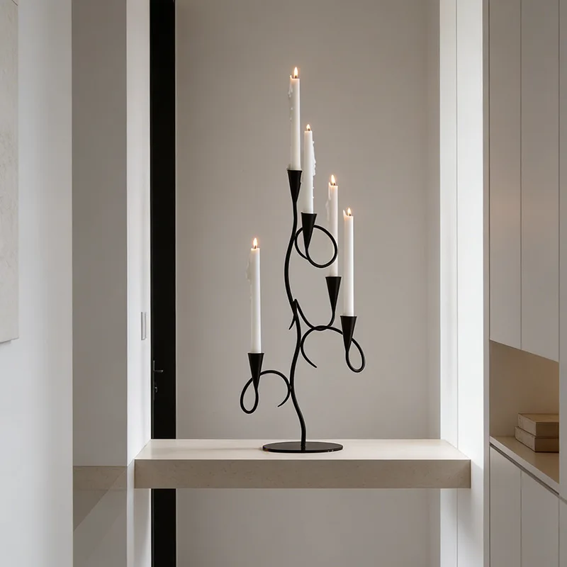 Retro wrought iron scented candle ornament, black dining table, fireplace, tabletop candlestick, antique living room atmosphere