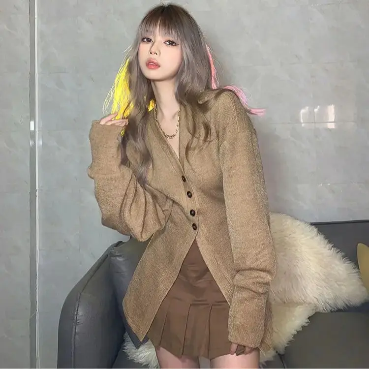 Knitted Cardigan Single-Breasted V-Neck Fashion Loose Casual Solid Color Versatile Commuter Long-Sleeve Knitted Jacket Women