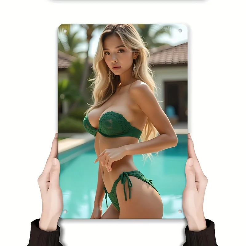 Vintage-Metallblechschild, 20,3 x 30,5 cm, klassische romantische Bikini-Strand-Wanddekoration für Badezimmer, Schlafzimmer, Bar, Küche, einfache Installation, kein Ele