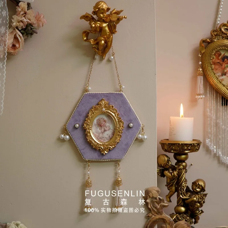 Vintage forest light luxury handmade purple velvet photo frame pearl tassel picture frame home ornament decoration carved wall h