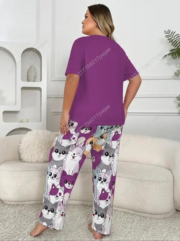 【พลัสไซส์】 ชุดนอนเสื้อยืดพิมพ์ลายแมวและกางเกงเอวยางยืด ชุดลำลอง เสื้อยืดแขนสั้นคอกลมใส่สบายและกางเกงขายาว ชุดนอนผู้หญิง