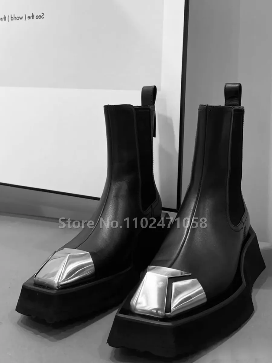 Fashion Metal Splicing Chunky Bottom Women Boots Square Toe Wedges Slip-On Chelsea Boots Female Height Increasing Winter Shoes