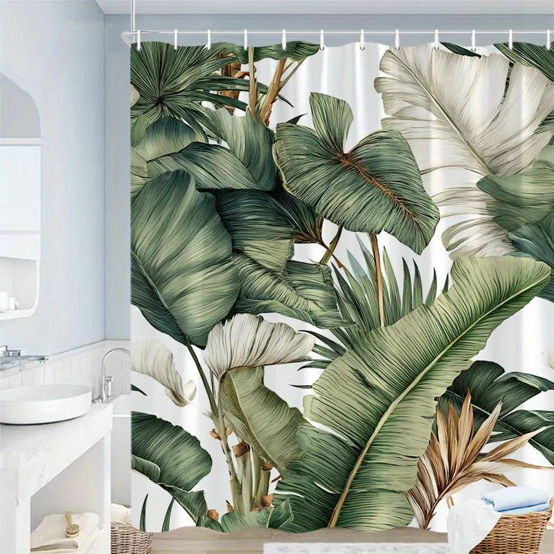 

1pc Monstera and Palm pattern shower curtain, polyester fabric, machine washable, suitable for bathroom decoration