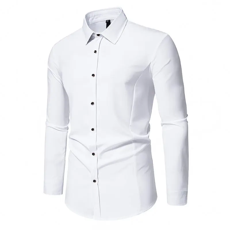 New Men Pure Color Business Social Long Sleeve Dress Shirt Loose Breathable Top Simple Male Wedding Ball Party Lapel Shirts