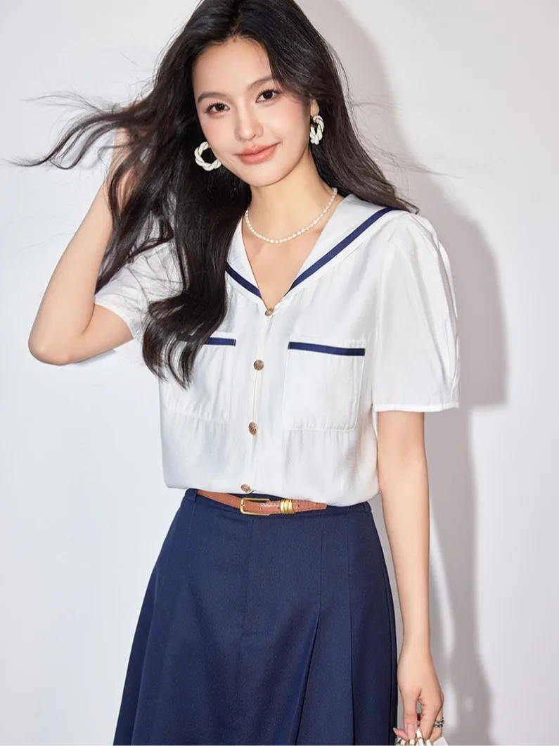 French Sailor Collar Chiffon Shirt for Women 2024 Summer New Korean Fashion White Short Sleeve Blouse Tops Mujer Camisa Feminina