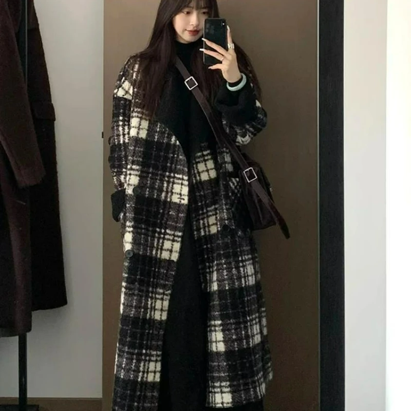 

Высококачественная клетчатая шерстяная куртка для женщин средней длины, осень/зима 2026, новая утепленная твидовая верхняя одежда в корейском стиле