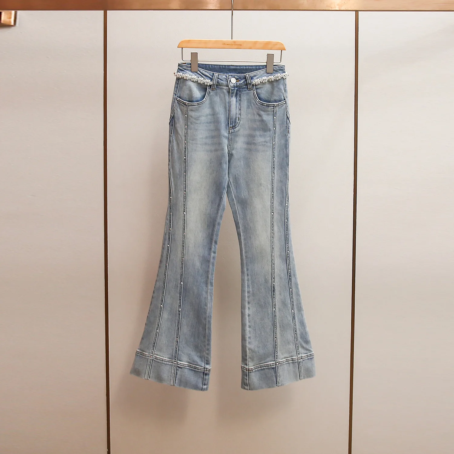 

Женские джинсовые брюки MaSande класса люкс, весенние, с высокой талией, облегающие, слегка расклешенные, простые, с бисером, для офиса и повседневной носки, полиэстер