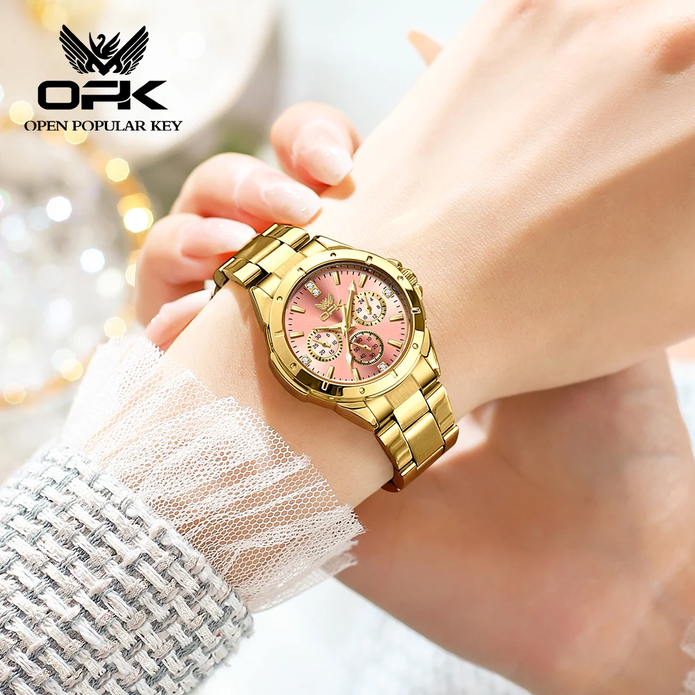 OPK Elegant Ladies Watch Luxury Chronograph Calendar Diamond Gold Watch Stainless Steel Waterproof Quartz Watch for Women Gift