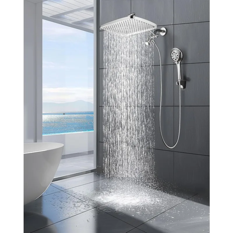 12'' Rain Shower Head with Extension Arm - Dual Shower Heads with 8 Modes Handheld Spray Combo - Wide RainFall shower