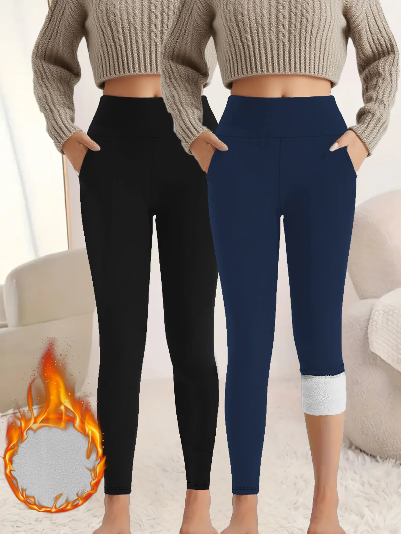 2er-Pack mit Fleece gefütterte Thermo-Leggings mit Taschen für Damen. Hoch tailliertes Design aus dickem, weichem Stoff, perfekt für Yoga-Wintertraining