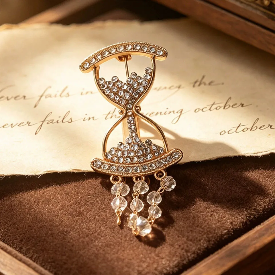 Elegant Gold Hourglass Rhinestone Brooch Crystal Tassel Pendant Lapel Pin Vintage Suit Dress Accessory for Women Clothing Decor