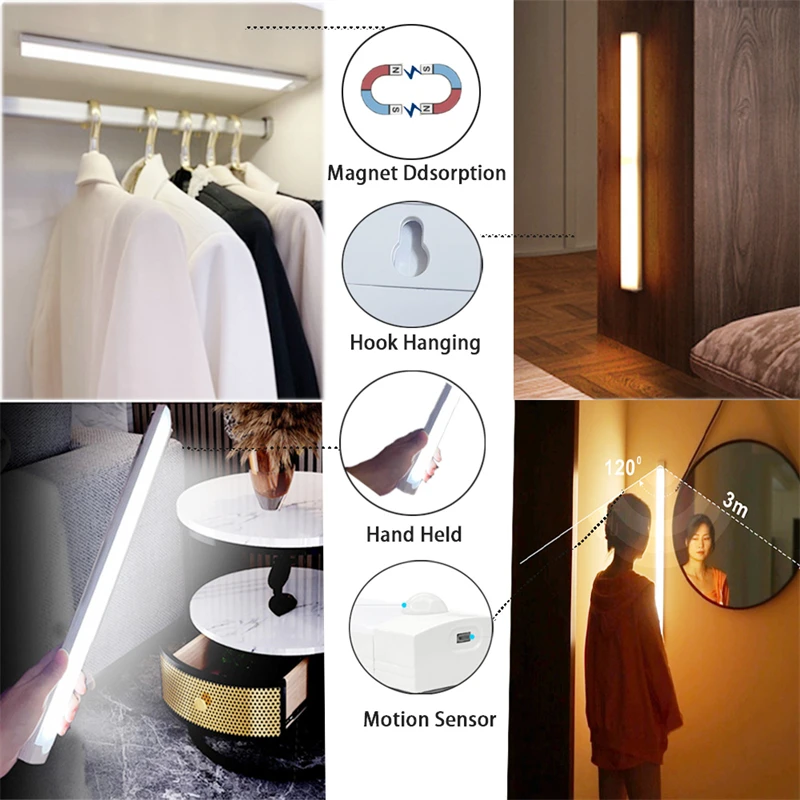 Motion Sensor Light USB Rechargeable LED Night Light Kitchen Cabinet Lamp Dimmable Wireless LED Lamp Closet Wardrobe Lighting