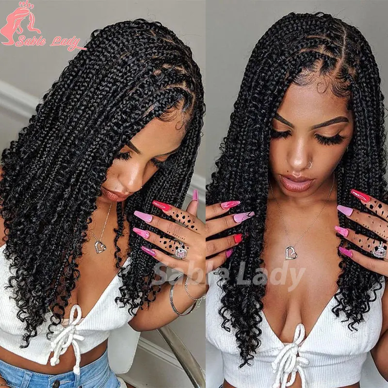 Short Bob Braided Wigs Synthetic Goddess Boho Box Knotless Jumbo Braids Wigs Full Lace Wigs Bohemian Curly Cornrow Braided Wig