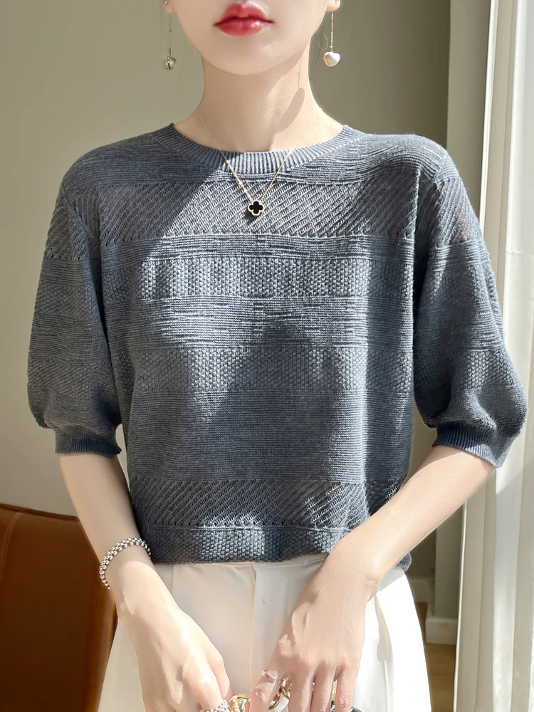 

New Chic Women Half Sleeve O-neck Hollow Wool Pullover Sweater Office Lady Grace T-shirt 30% Merino Wool Knitwear Korean Tops