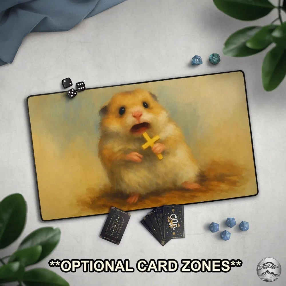 Funny Hamster TCG Playmat, Terrified Rodent With Cross Mat With EDH Zones, Animal Meme Gift, Large Extended Play Mat
