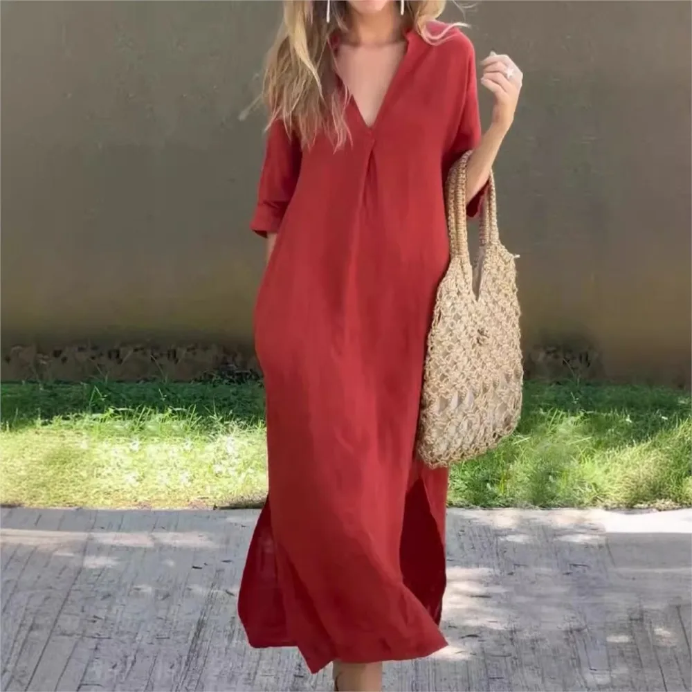 2024 Women's Autumn And Winter Two Side Slit Pocket Splicing V-neck Pleated Dress Loose Solid Color Retro Pullover Long Dress