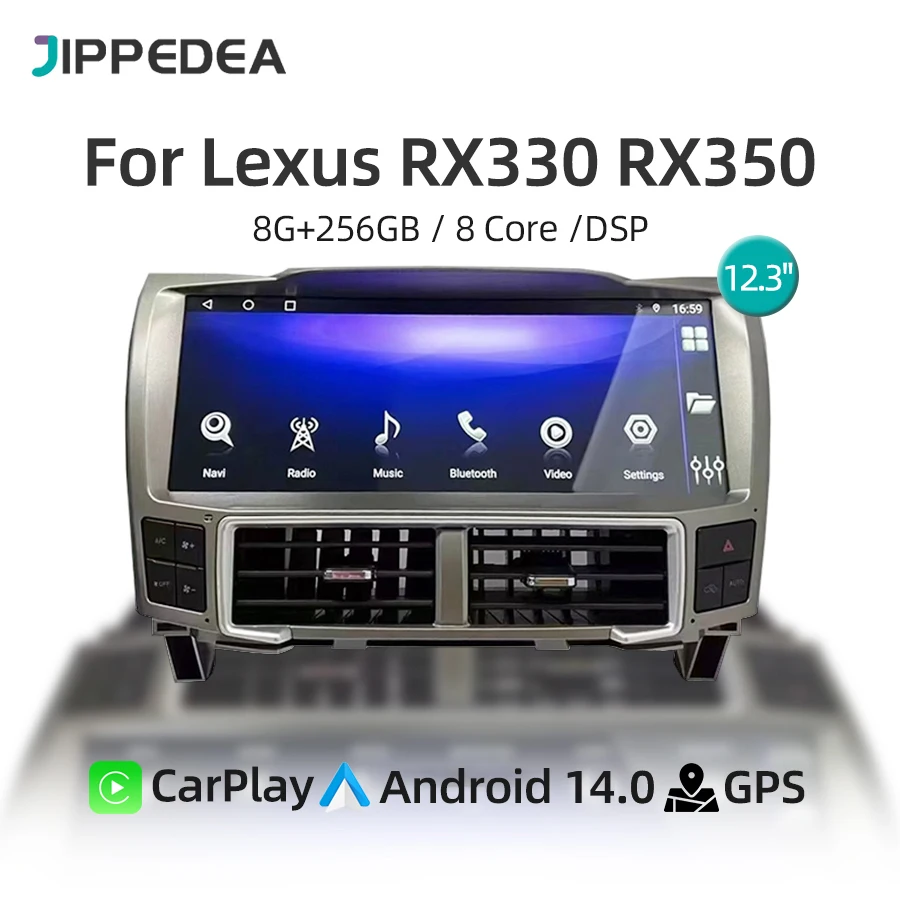 12.3'' CarPlay Android 14 Navigation GPS Multimedia Player 4G WiFi Bluetooth Car Radio For Lexus RX300 RX330 RX350 RX400 RX450