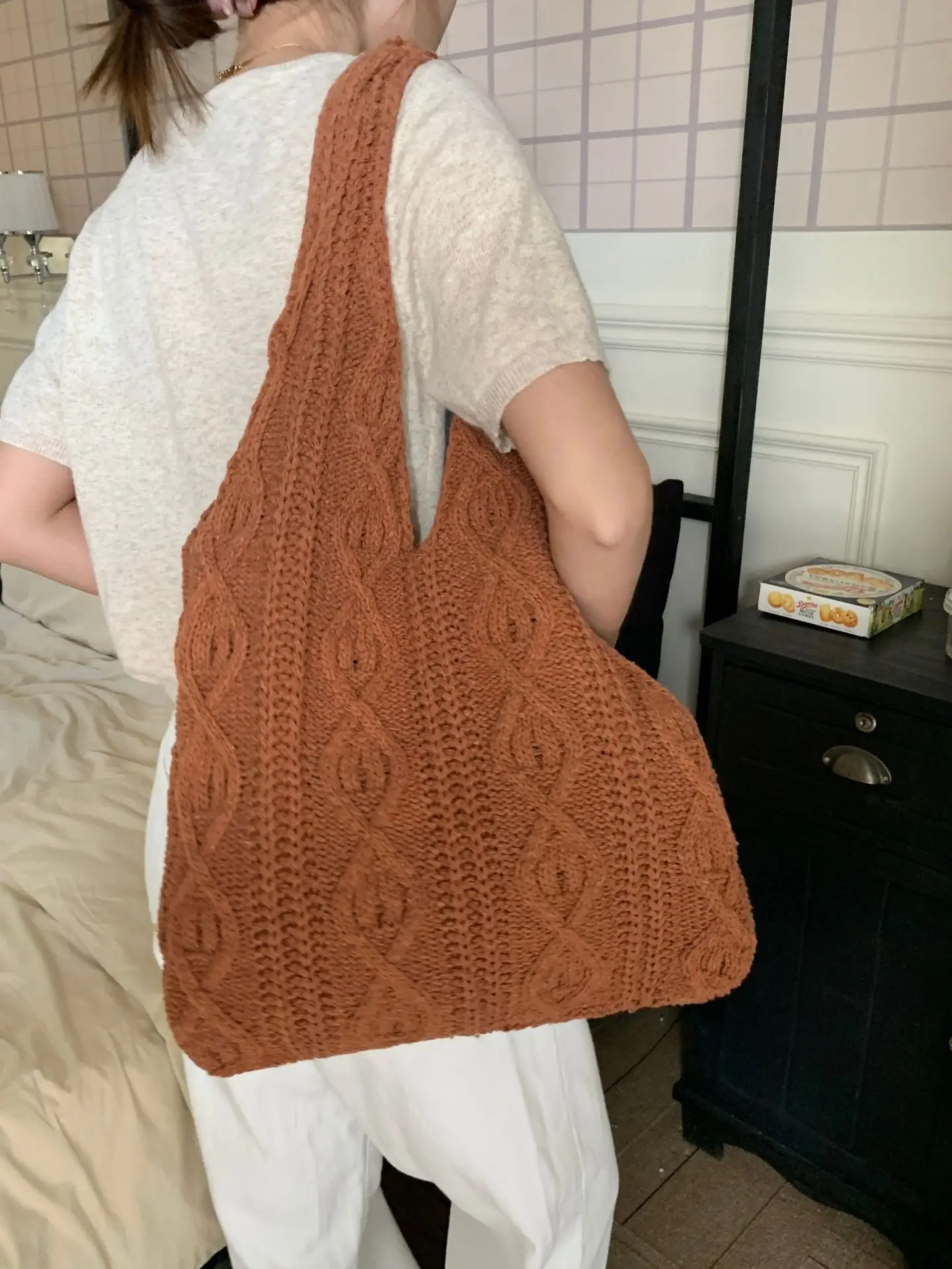 Wolle große Strickt asche Schulter Einkaufstasche für Frauen Vintage Baumwoll tuch Mädchen Einkaufstasche große weibliche Handtasche Häkel tasche