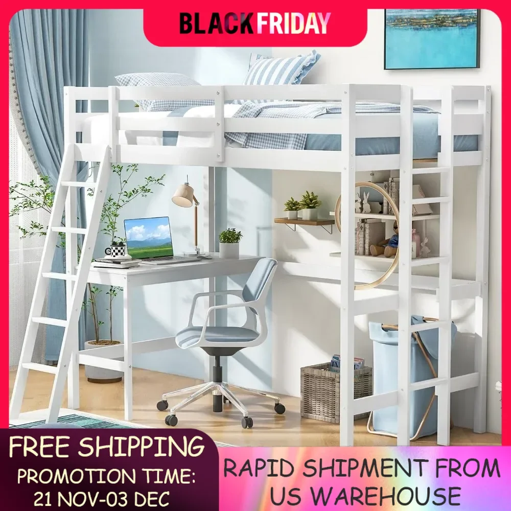 Twin Loft Bed with Desk, Solid Wood Loft Bed Frame with 2 Ladders, Safety Guardrail for Teenagers and Adults,Loft Bed