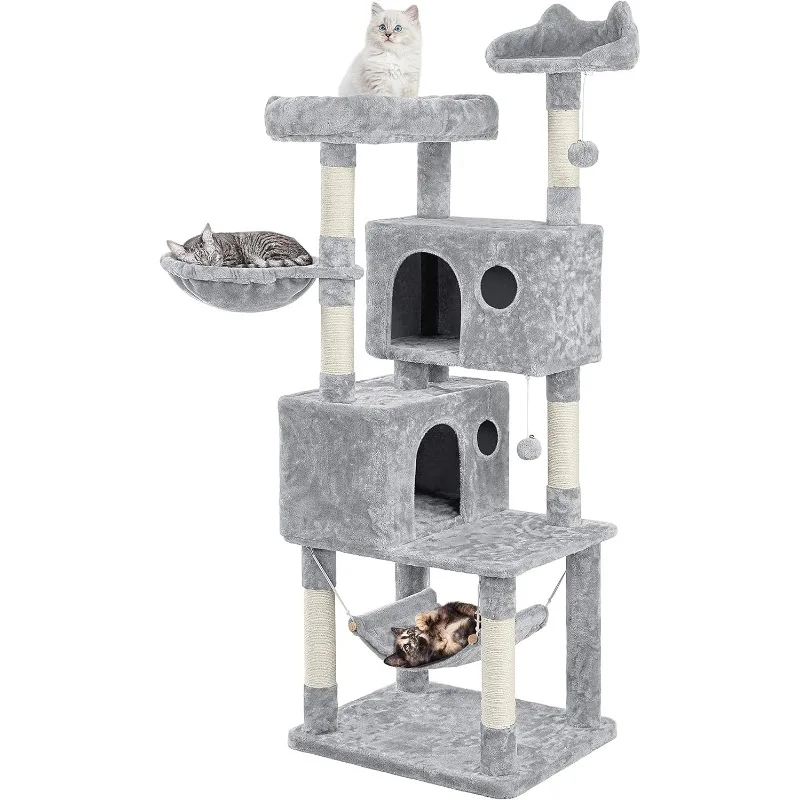 

64.5in Cat Tree Cat Tower Scratching Post, Plush Cover Cat Condo Bed Furniture with Hammock, Platform, Perch for Extra Large