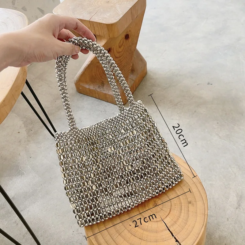 Silver Shiny Bag Handmade Woven Beaded Sequin Bag luxury Designer hobo shoulder bag  Evening clutch Bag Purses