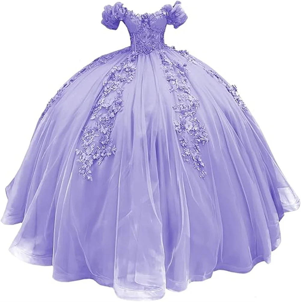 تخصيص كشكش قبالة الكتف فساتين Quinceanera تول ثلاثية الأبعاد زهرة مشد الكرة ثوب بريق مطرز فراشة الحلو 15 16 فساتين #5