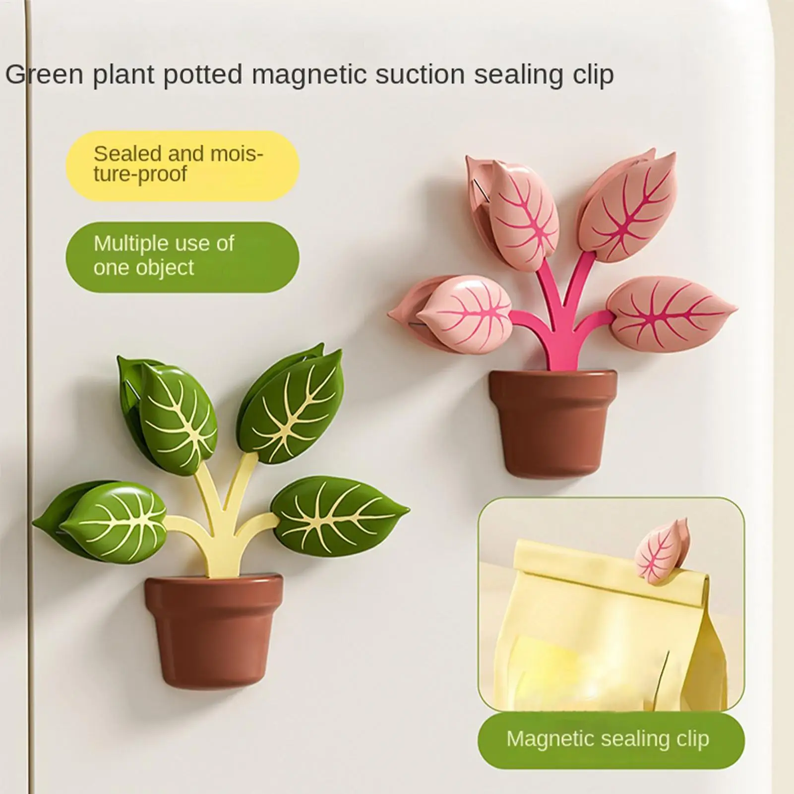Magnetic sealing clips creative Fridge Magnets Green pink leaves shaped food sealing clips 3D potted plant refrigerator magnets