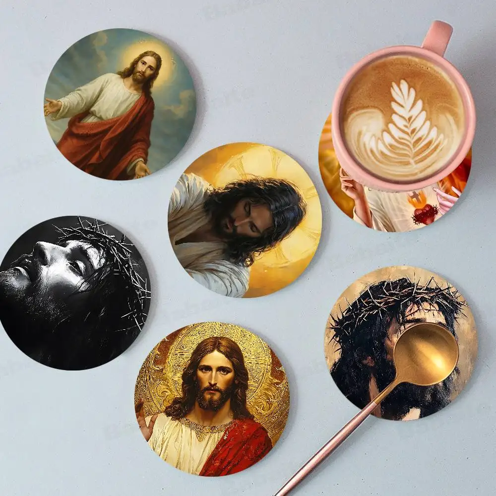 Classic Sacred Figure J-Jesus Themed Wooden Coaster Non-Slip Heat-Resistant Fun Dining Table Decoration Cafe Restaurant Gifts
