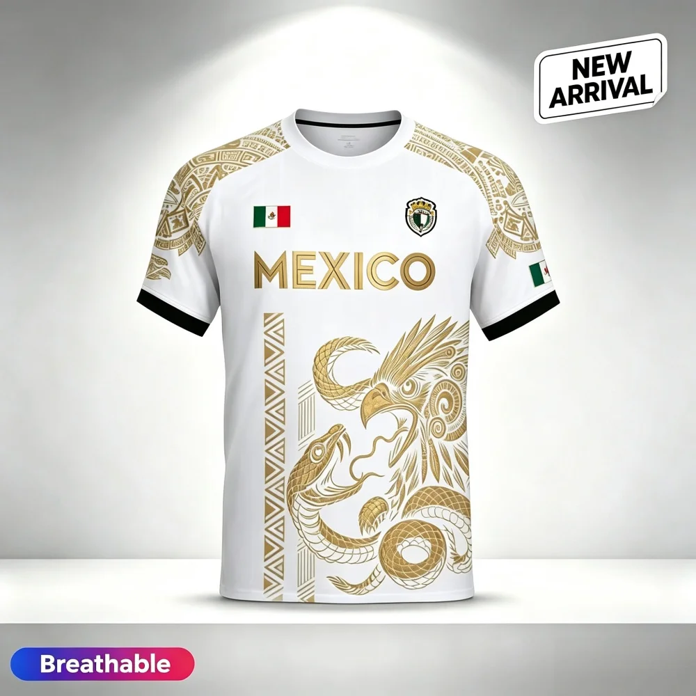 2026 New Summer Mexico Fans Soccer Jersey Men Black Gold Design with Aztec Eagle Snake Print and Mexican Family Kids Tee