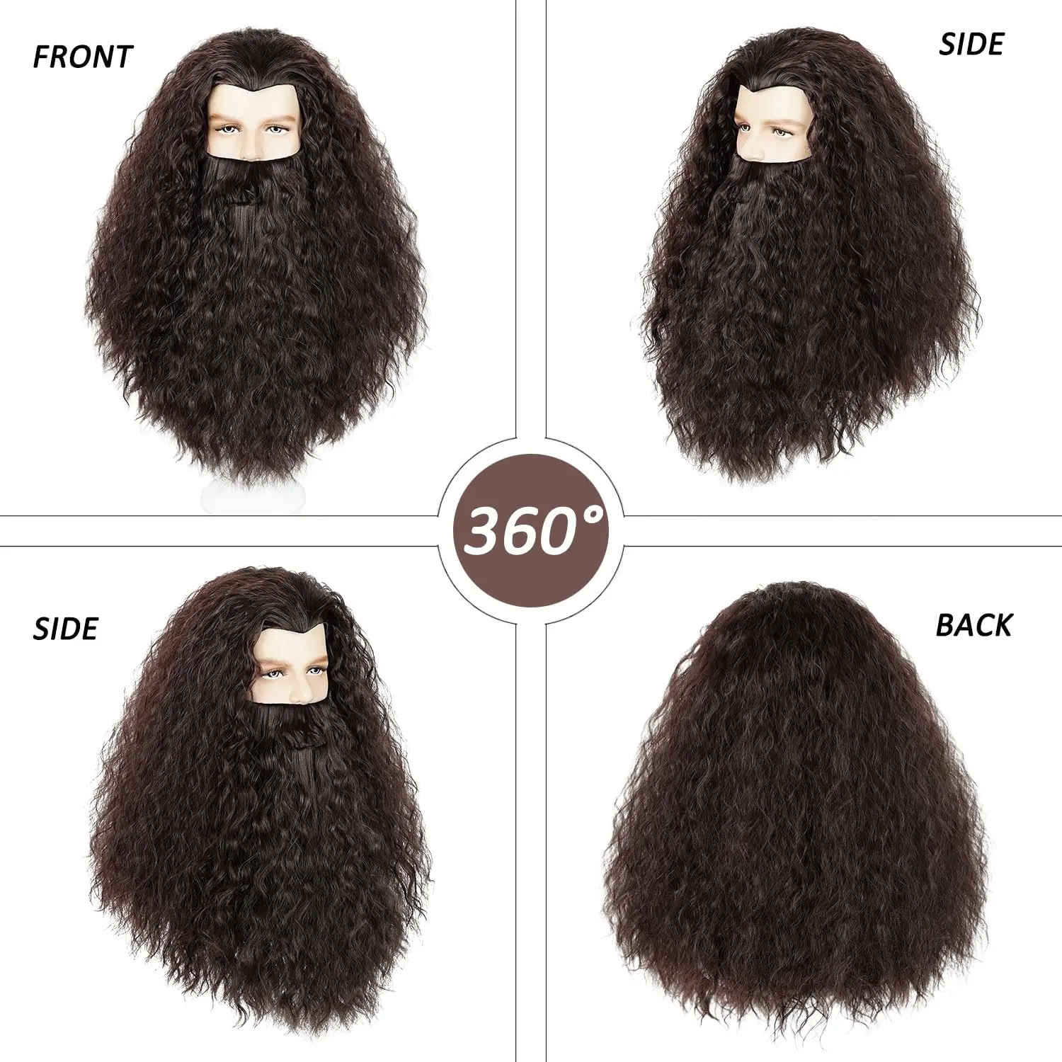 Long Curly Brown Wig and Beard for Men Magic Animal Professor Costume Wigs Synthetic Hair for Halloween Party image 2