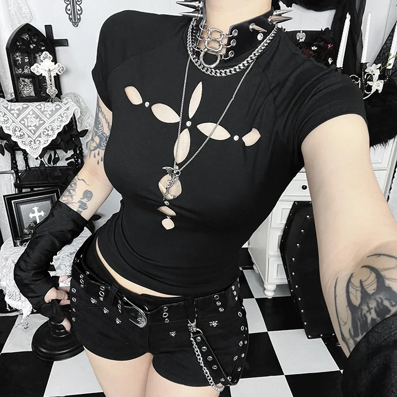 KoedseSert Mall Gothic Short Sleeve Slim Crop Tops Casual T-shirts Y2K Chic Hollow Out T-shirt Women Punk Streetwear Alt Clothes