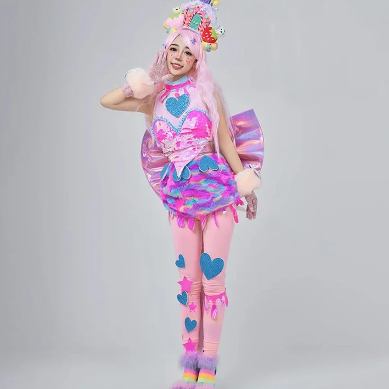 Trajes de baile Gogo bonitos para mujer, traje de fiesta rosa para Festival, ropa de Cosplay Rave, ropa para discoteca, ropa para el escenario XS6931