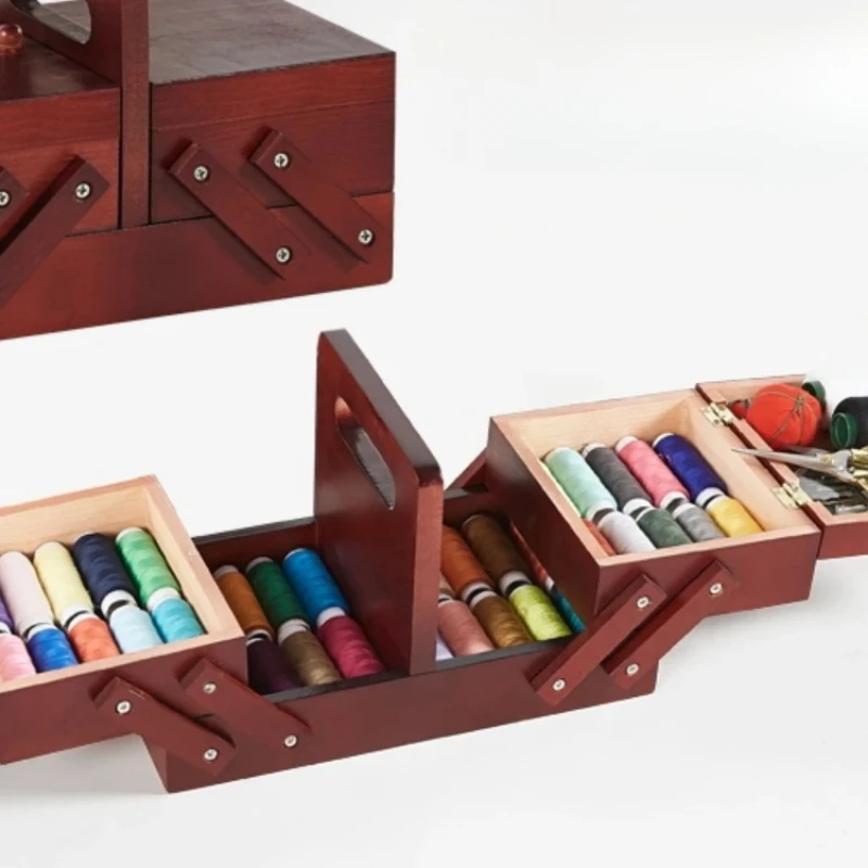 Portable Foldable Wooden Sewing Box Compartment Organizer for Thread Jewelry and Sewing Supplies