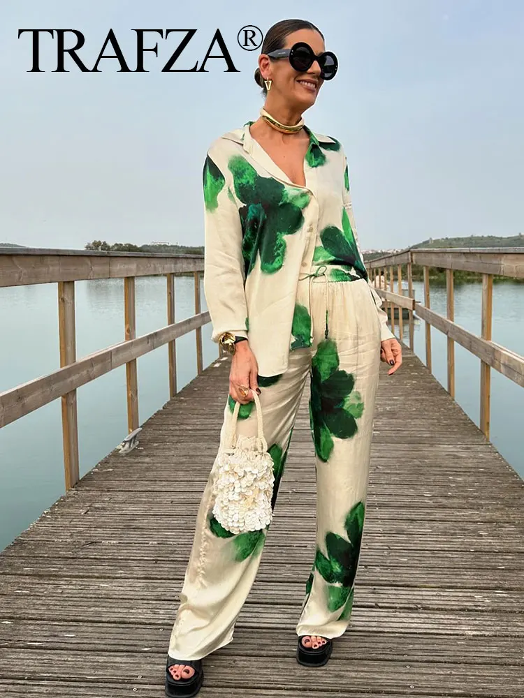 TRAFZA Women Elegant Floral Print Blouse Pant Suit Casual Long Sleeve Shirt Wide Leg Pants Female Fashion Y2k High Street Outfit