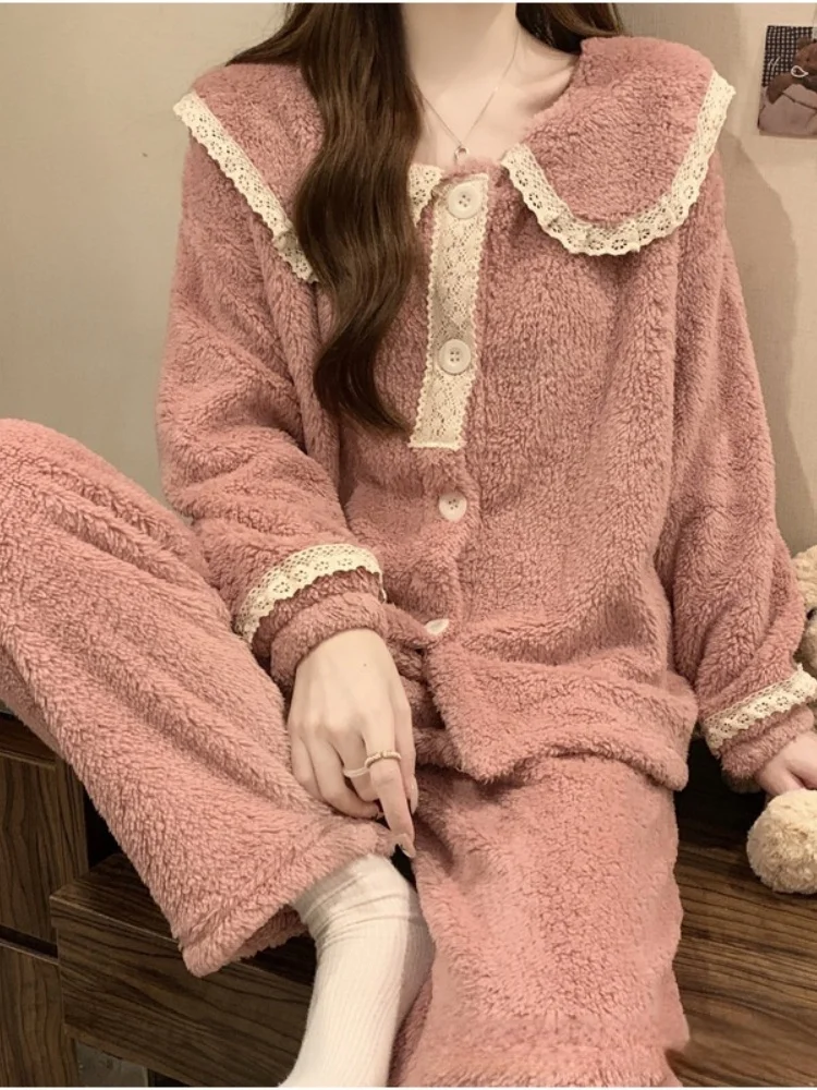 Lace Thick Winter Casual Girl Women Pyjamas Warm Flannel Sleepwear Pijama Set Suit Pant Home Korean Sleep Lace Sleepwear