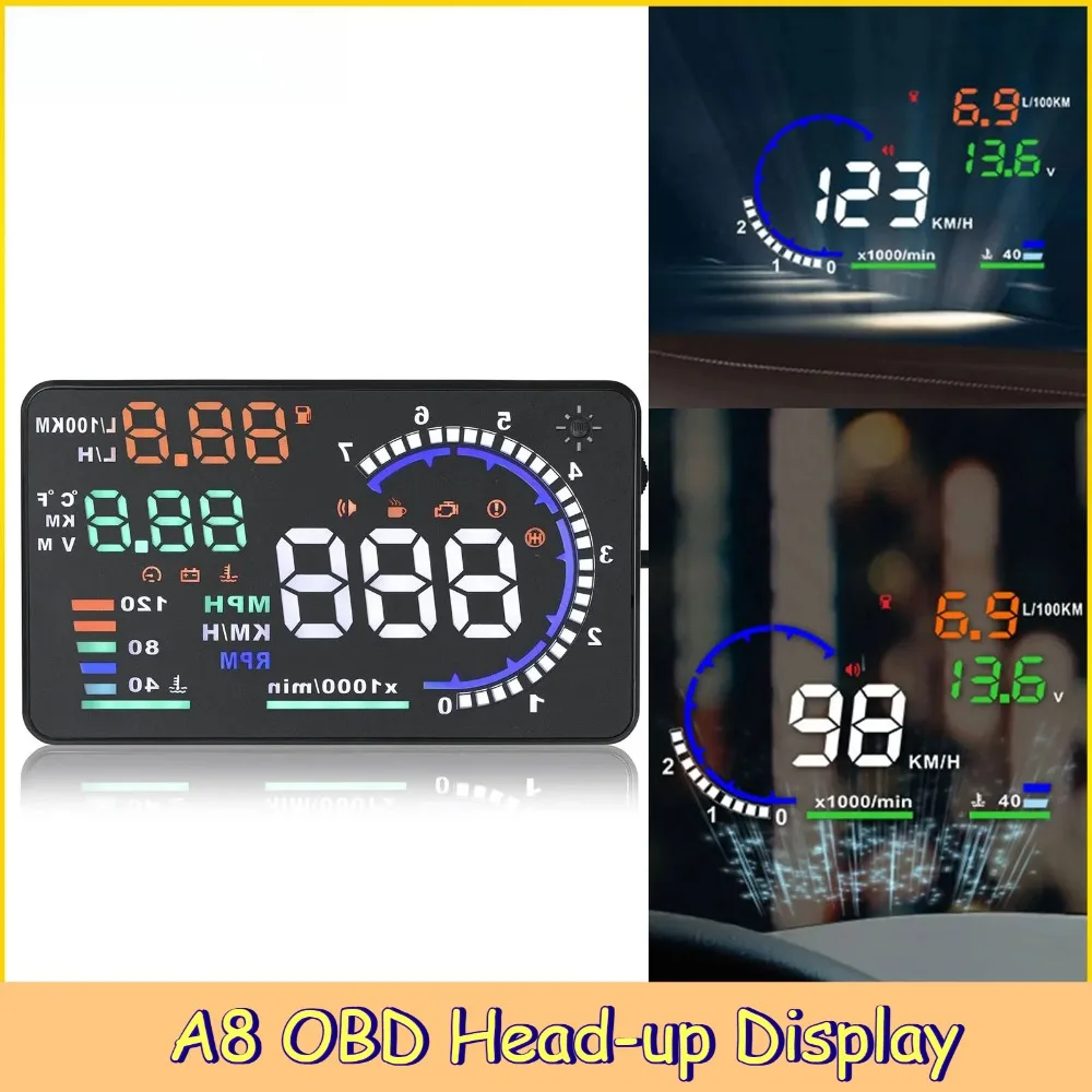 AD Digital Car OBD HUD A8 Head Up Display AUTO HUD OBD Reflect Windshield Screen Projector LED Speedometer Water Temp RPM Meter