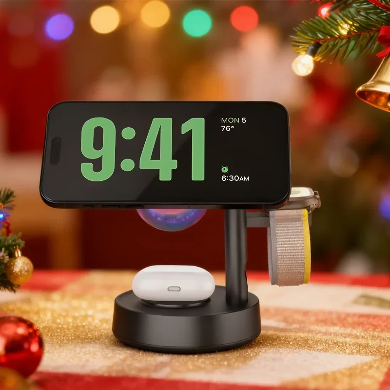 25 واط 3 في 1 الموسيقى شاحن لاسلكي سمّاعات بلوتوث المغناطيسي هدية عيد الميلاد آيفون 17 16 15 برو ماكس للساعة 1-10 Airpods #5