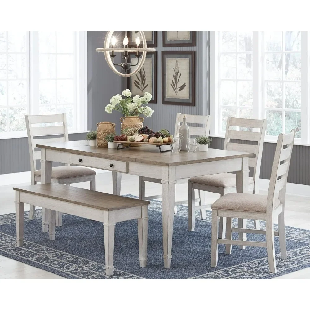 Skempton Farmhouse Rectangular Dining Room Table with Storage, White & Light BrownTwo convenient side drawers Single table