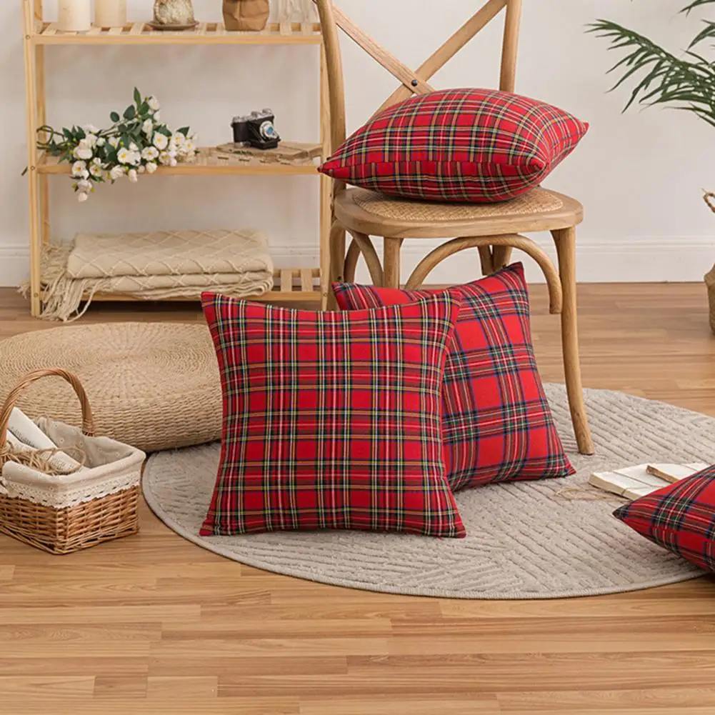 Christmas Pillowcase Plaid Pillowcase Geometric Plaid Print Pillowcase with Hidden Zipper Frosted Hair Surface Cushion for Room