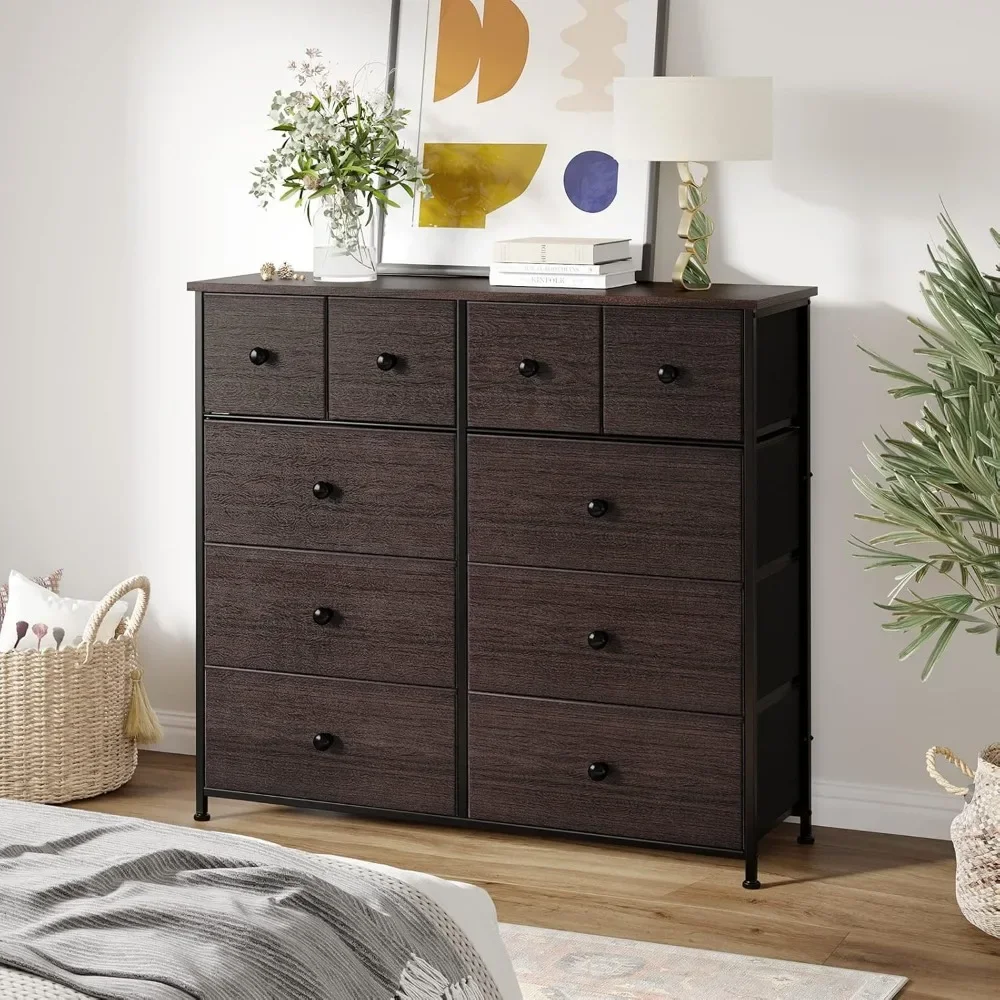 10 Drawer Dresser for Bedroom Faux Leather Chest of Drawers Fabric Dresser with Wooden Top Storage Organizer Unit