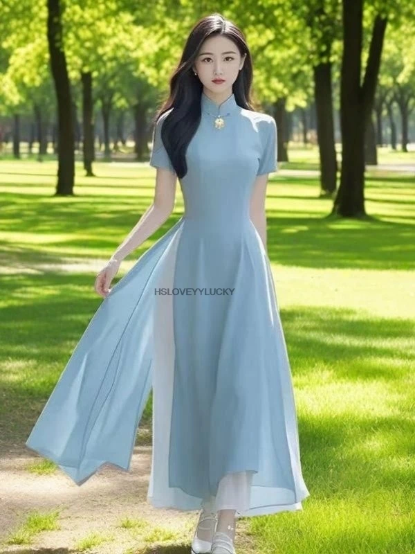 ملابس النساء Aodai Vetnam طويلة شيونغسام Aodai الفيتنامية التقليدية فستان المرأة رشيقة تشيباو الشيفون آو داي